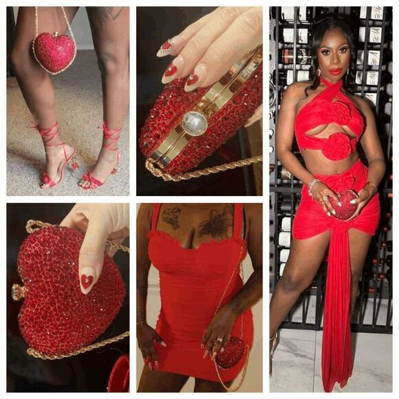 ❤️💎 Jeweled Sparkling Rhinestone Red Heart Shaped Chain Clutch Purse Bag NEW - Picture 10 of 16